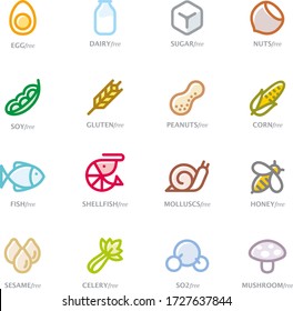 Allergen Free Icons Set (16 pieces)