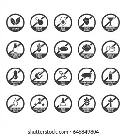 Allergen free icons set. Black and white. Vector illustration.
 svg