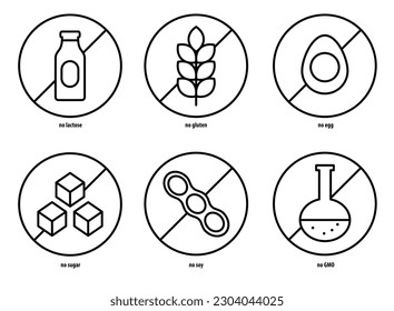 Allergen free icons set. Common allergens (gluten, lactose, eggs, soy), sugar free and GMO free labels. Round stickers with food intolerance symbols for product packaging. Vector illustration.