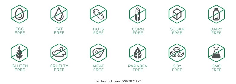 Allergen free icons set (Egg, Fat, Nut, GMO, Soy, Corn, meat, sugar, dairy, gluten, Cruelty, Paraben), label sign, vector illustration.