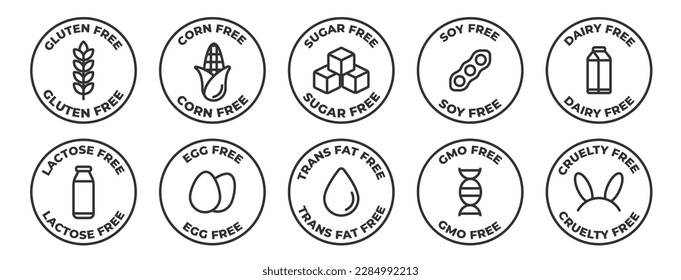 Iconos libres de alérgicos. Gluten, maíz, azúcar, soya, lácteos, lactosa, huevo, grasas trans, gmo y colección de íconos sin crueldad - Vector de acciones