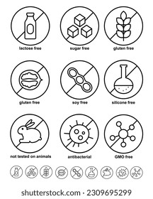 Allergen free icons set. Gluten Free, Lactose Free, no GMO, Sugar free, Not Tested on Animals, Antibacterial, Silicone vector icons. Editable Stroke. Vector illustration