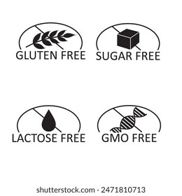 Allergen free icons set. Round stickers with food intolerance symbols for product packaging.