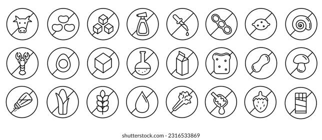 Iconos libres de alérgicos. Iconos de etiqueta de ingrediente de advertencia. Iconos con estilo de esquema. Iconos de comida.  Ilustración vectorial. Trazo editable.