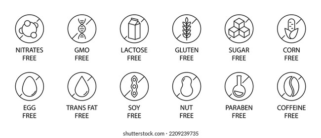 Allergen-freie Zutaten. Allergenfreie Produkte. Warnzeichen für Produkte. Nitrate, GVO, Lactose, Gluten, Zucker, Mais, Eier, Transfette, Soja, Nuss, Paraben, coffeinfreie Zeichen. EPS10 