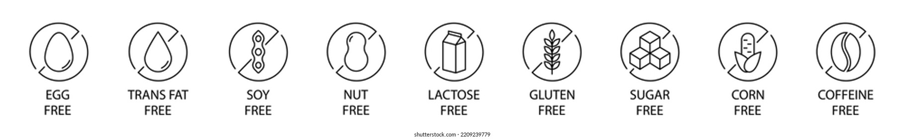 Allergen free ingredients. Allergen free products. Products warning symbols. Prohibited product ingredients icons. Allergen free signs. EPS 10 