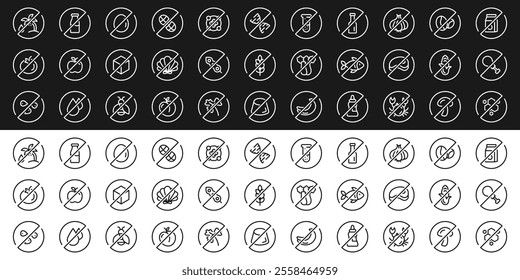 Allergen free ingredients. Allergen free products. Products warning symbols. Nitrates, GMO, lactose, gluten, sugar, corn, egg, trans fat, soy, nut, paraben, coffeine free signs.