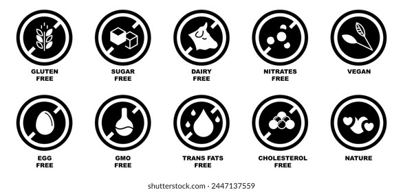 Allergen free label collection for food and drinks. Gluten, sugar, dairy, nitrates, egg, gmo, trans fat, cholesterol free symbols. Free allergy ingredient stamp icons in black. Allergen free icons