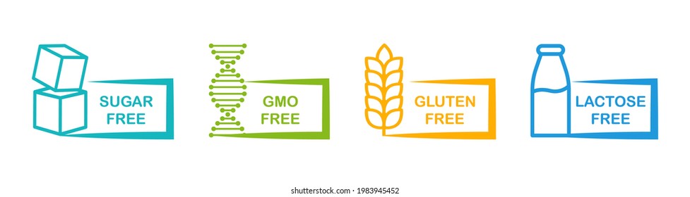 Allergen free label set. Sugar, gluten, GMO, lactose free. Natural product and organic food labels. Healthy food sign. Vegan badges. Vector illustration.