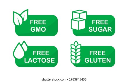 Allergen free label set. Sugar, gluten, GMO, lactose free. Natural product and organic food labels. Healthy food sign. Vegan badges. Vector illustration.