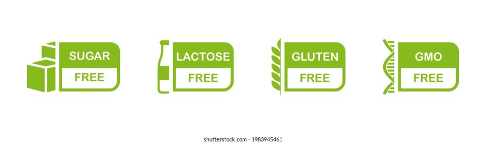 Allergen free label set. Sugar, gluten, GMO, lactose free. Natural product and organic food labels. Healthy food sign. Vegan badges. Vector illustration. svg