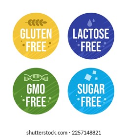 Allergen free label set. Sugar, gluten, GMO, lactose free. Natural product and organic food labels. Healthy food sign. Vegan badges. Vector illustration.