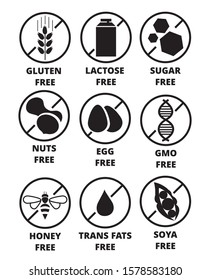 Allergen free labels set isolated on white vector illustration. Collection of food emblems without gluten, lactose, sugar, nuts, eggs, gmo, honey, trans fats, soya flat style. Diet, organic concept