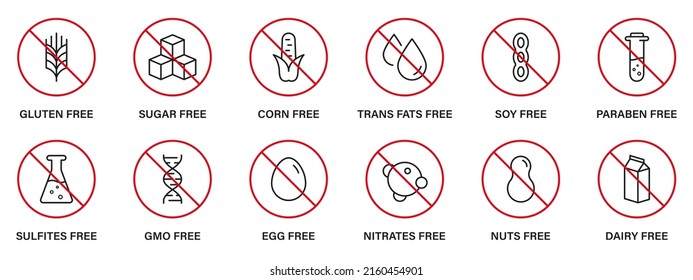 Allergen Free Product Line Black Icon Set. Allergy Ingredient Stop Sign. Trans Fat, Soy, Corn, Nut, Sugar, Milk, Dairy, Paraben, Gluten, GMO Forbidden Outline Symbol. Isolated Vector Illustration.