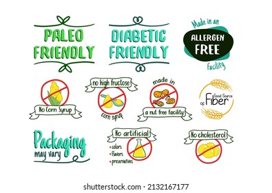Allergen free product sticker, template label set. Health nutrition element badge design collection, vector illustration. Isolated on white tag with diabetic and paleo friendly sign, nut free facility