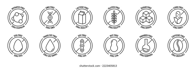 Allergen free products collection. Allergen free ingredients icons. Products warning symbols. Food allergy icons. Basic allergens. EPS 10 