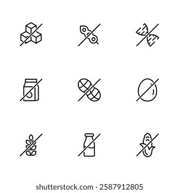 Allergen free products collection. Allergen free ingredients icons. Products warning symbols. Food allergy icons. Basic allergens.