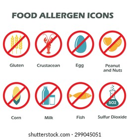Allergen free products symbols. Food allergen icons set isolated on white background. Colorful vector illustration.