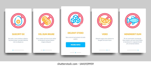 Allergen Free Products Vector Onboarding Mobile App Page Screen. Allergen Free Food, Drink Linear Pictograms. Healthy Produce, Safe Dairy, Poultry, Cereals. Genetic Nutrients Intolerance Illustration