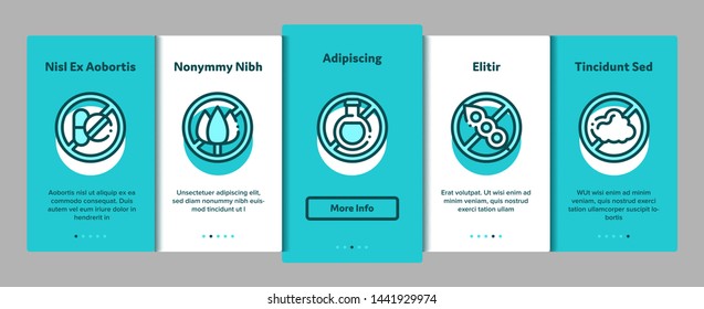 Allergen Free Products Vector Onboarding Mobile App Page Screen. Allergen Free Food, Drink Linear Pictograms. Healthy Produce, Safe Dairy, Poultry, Cereals. Genetic Nutrients Intolerance Illustration