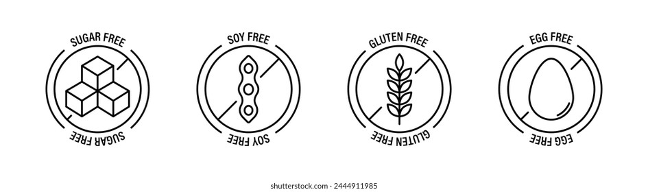 Allergen free products. Products warning symbols. Gluten free, soy free,sugar free, 