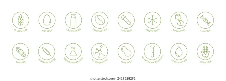 Allergen free set. No sugar, corn, gmo. Line icons for package healthy food. Emblems for natural product. Vector illustration