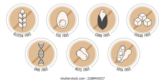 Allergen Free Vector Icons. Set Of Ingredient Warning Label Icons. Gluten Free,egg Free, Gmo Free,corn Free,nuts Free, Soya Free,sugar Free. Food Intolerance. Flat Vector Illustration