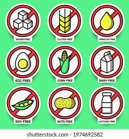 Allergen free vector set, isolated sticker. Alle free emblem for eating and allergy. Concept of logos in flat style with outline and shadow. Allergy stimulus vector for banner design. Substitute icon