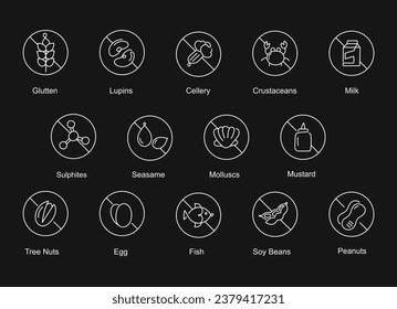 Allergen Icons. Food Allergy Warning and Dietary Restriction Symbols. Vector Icons with Editable Stroke.