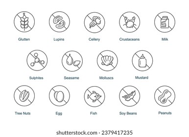 Allergen Icons. Food Allergy Warning and Dietary Restriction Symbols. Vector Icons with Editable Stroke.