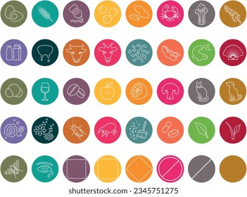 Allergen icons food, soy free, animals, plants, flowers, peanut, gluten, dairy, grain, palm, egg, salt, vegan, chemicals, diet, inline style, colorful Full Vector illustration