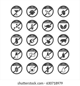 Allergen icons set in spanish. Black and white. Vector illustration.