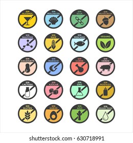 Allergen icons set in spanish. Color. Vector illustration.