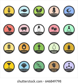 Allergen icons set. Written in Spanish. Vector illustration.
