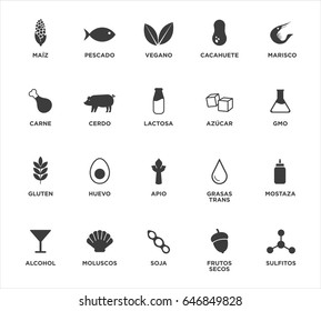 Allergen icons set. Written in Spanish. Black and white. Vector illustration.
 svg
