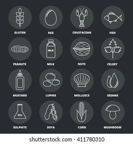 Allergen icons vector set. Food allergens symbols collection. Food allergens emblems. Food allergens signs.