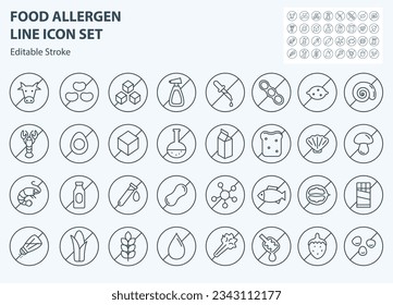 Allergen ingredients vector line icons. Product free allergen ingredient symbols. Gluten free, sugar, lactose, hormone, without peanut, no soy, fat minimal vector illustration. Editable Stroke