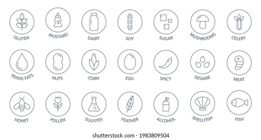 Allergen line icon big set. Nut, corn, milk, honey, gluten mustard, gmo sesame, lactose fish, egg mollusk free. Organic and natural food labels. Allergy warning ingredients. Vector illustration.