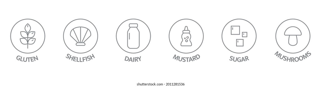 Juego grande de iconos de la línea de alérgicos. Mostaza gluten, sésamo de crustáceos, lactosa, molusco, setas libres. Etiquetas de comida orgánica y natural en una larga pancarta. Ingredientes de advertencia alérgicos. Ilustración vectorial.