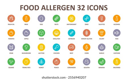 Allergen line icon big set. Nut, corn, milk, honey, gluten, mustard, gmo, sesame, lactose fish, egg, shellfish free. Organic and natural food labels. Allergy warning ingredients. Vector illustration.