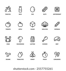 Allergen line icon big set. Nut, corn, milk, honey, gluten, mustard, gmo, sesame, lactose fish, egg, shellfish free. Organic and natural food labels. Allergy warning ingredients. Vector illustration.