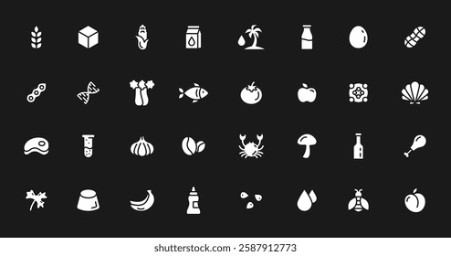 Allergen line icon big set. Nut, corn, milk, honey, gluten mustard, gmo, sesame, lactose fish, egg mollusk free. Organic and natural food labels. Allergy warning ingredients. Vector illustration.