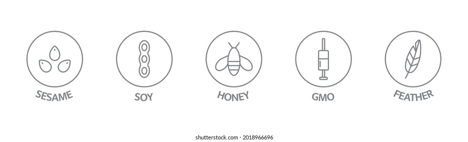 Allergen line icon set. Honey, soy, gmo, feather, sesame free badges. Organic and natural food labels. Allergy warning ingredients. Healthy, organic, bio food. Zero waste. Vector illustration.