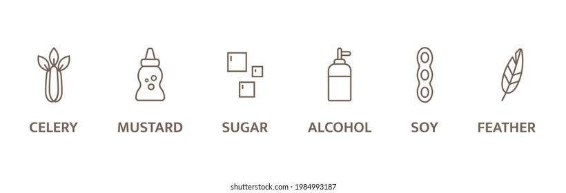 Das Symbol für die Linie Allergen wird gesetzt. Pollen, Sellerie, Senf, Gmo-Alkohol, Zucker, Soja, Pollenfrei. Ökologische und natürliche Lebensmitteletiketten. umweltfreundlich. Null Abfall. Allergische Warnhinweise. Vektorgrafik.