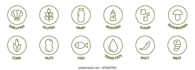 Allergen line icon set. Soybean nut celery, corn, milk, honey spicy, sugar alcohol, gluten mustard, gmo sesame, lactose fish, egg mollusk free. Allergy warning ingredients. Vector illustration.