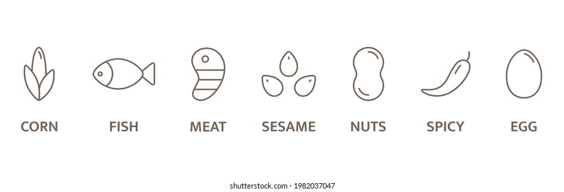 Allergen Line Icon Set. Spicy, Fish, Egg, Corn, Nuts, Meat, Sesame Free Badges. Allergy Warning Ingredients. Vegetarian Label. Eco, Bio. Healthy Food. Vector Illustration.