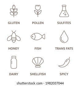 Allergen line icon set. Sulfites, milk trans fats, honey, spicy gluten, lactose fish egg, pollen mollusk, dairy free badges. Allergy warning ingredients. Healthy food. Vector illustration.