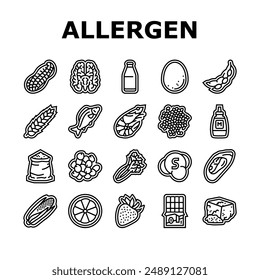 allergen product food free icons set vector. gluten organic, product gmo, label cosmetic, sugar allergy, cruelty allergen product food free black contour illustrations