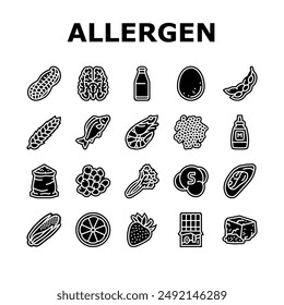 allergen product food free icons set vector. gluten organic, product gmo, label cosmetic, sugar allergy, cruelty allergen product food free glyph pictogram Illustrations