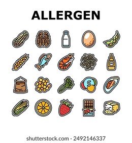 allergen product food free icons set vector. gluten organic, product gmo, label cosmetic, sugar allergy, cruelty allergen product food free color line illustrations